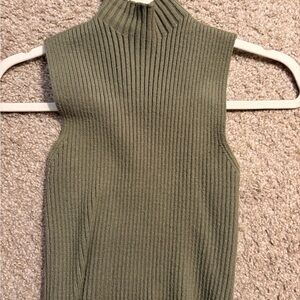 Zara Olive Ribbed Sleeveless Mock Neck Top